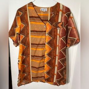 I.C.I Sheer Orange Abstract Geometric Print Blouse